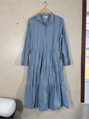 Garnet Hill Women’s Charlotte Organic-Cotton Voile Shirtdress Windward Blue 16